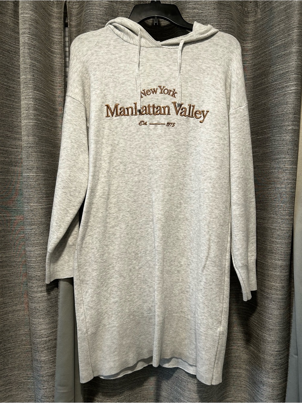 Primark Light Gray Long Sleeve Hoodie Dress with Brown Embroidery